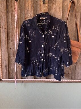 Vintage 90s C.M. Shapes Navy Novelty Dog Walker Print Button Down Shirt